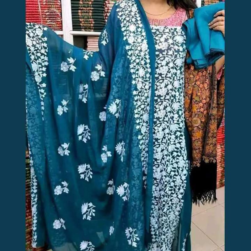 Picture of Elevate Your Fashion with Kashmeri Unstitched Three-Piece Shalwar Kameez and Orna Set - Featuring Full-Body Ari Work dress for girls