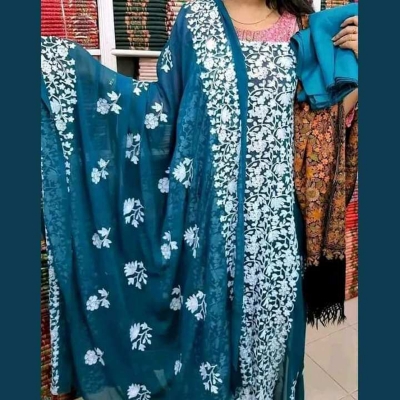 Picture of Elevate Your Fashion with Kashmeri Unstitched Three-Piece Shalwar Kameez and Orna Set - Featuring Full-Body Ari Work dress for girls