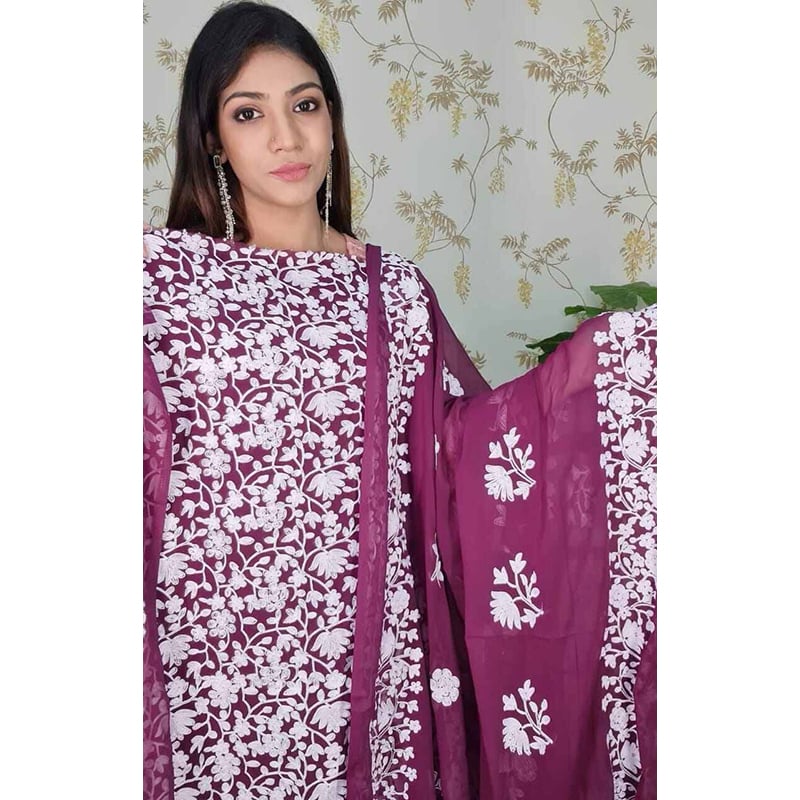 Picture of Elevate Your Fashion with Kashmeri Unstitched Three-Piece Shalwar Kameez and Orna Set - Featuring Full-Body Ari Work dress for girls