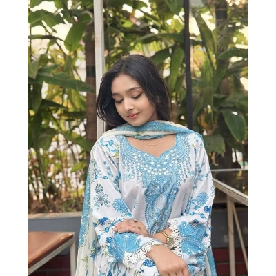 Picture of New Exclusive Designed Readymade Stylish And Comfortable Made By Dubai Silk With full les work ThreePiece For Girls-White