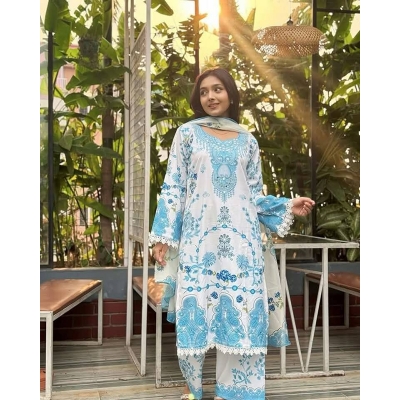 Picture of New Exclusive Designed Readymade Stylish And Comfortable Made By Dubai Silk With full les work ThreePiece For Girls-White