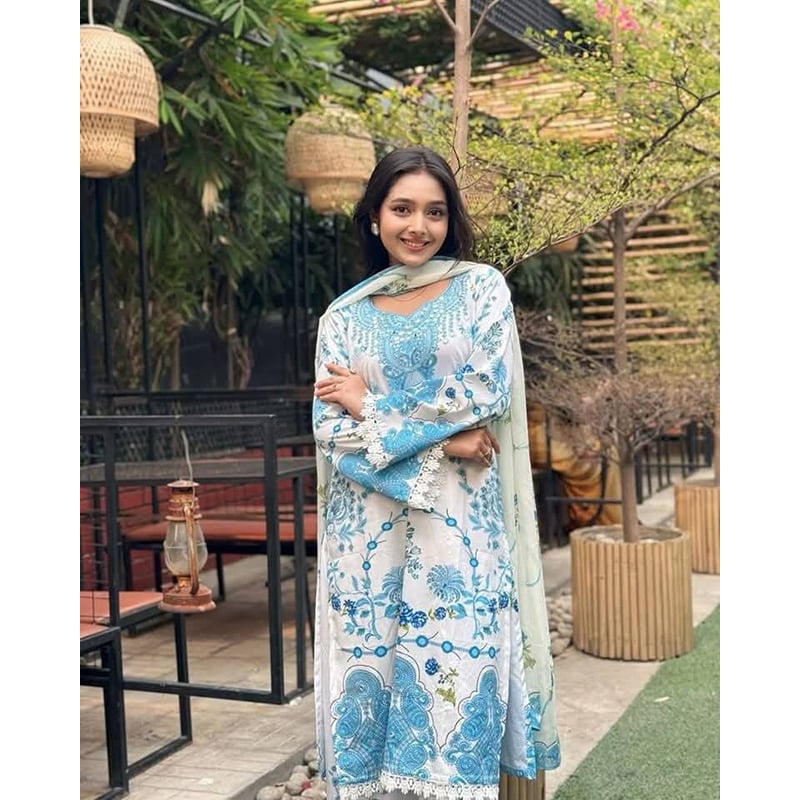 Picture of New Exclusive Designed Readymade Stylish And Comfortable Made By Dubai Silk With full les work ThreePiece For Girls-White