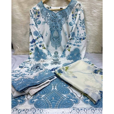 Picture of New Exclusive Designed Readymade Stylish And Comfortable Made By Dubai Silk With full les work ThreePiece For Girls-White