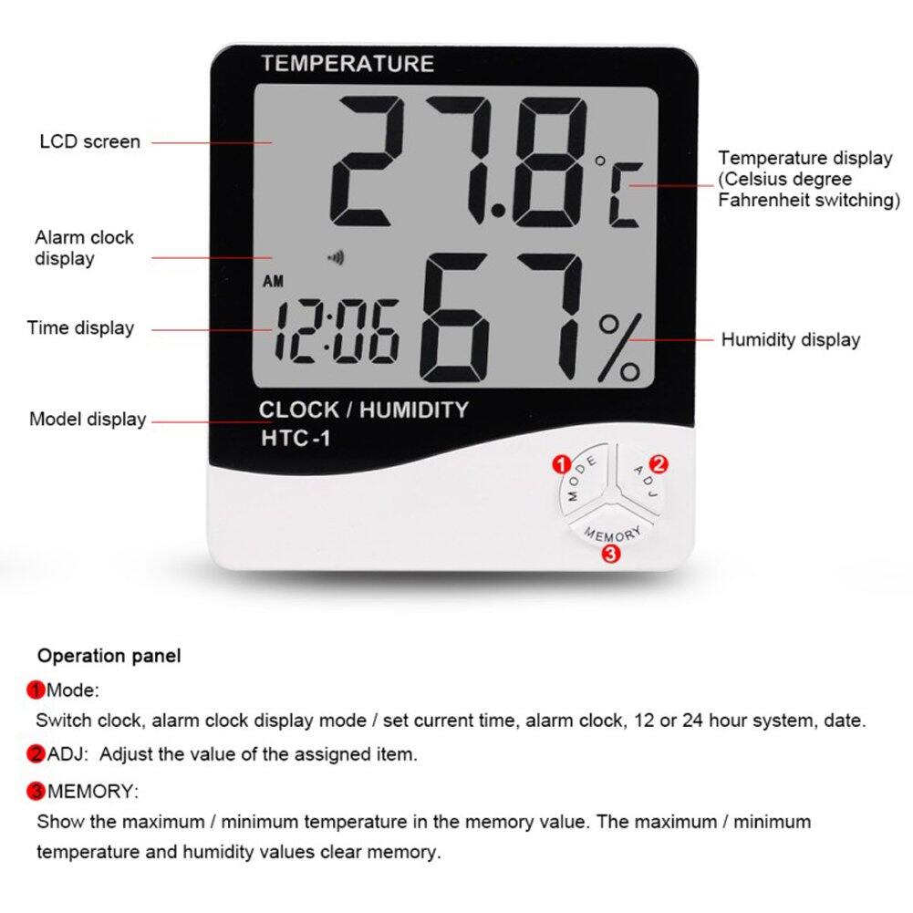 Picture of Indoor Room LCD Electronic Temperature Humidity Meter Digital Thermometer Hygrometer Weather Station Alarm Clock HTC-1 - White - Int: One size