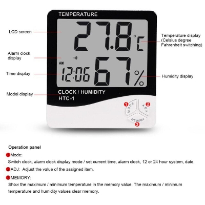 Picture of Indoor Room LCD Electronic Temperature Humidity Meter Digital Thermometer Hygrometer Weather Station Alarm Clock HTC-1 - White - Int: One size