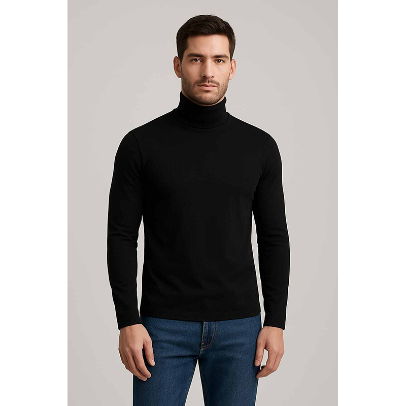 Picture of Premium Quality Solid Black Color High Neck Cotton Full Sleeve Sweater for Men-Black(Int: One size)