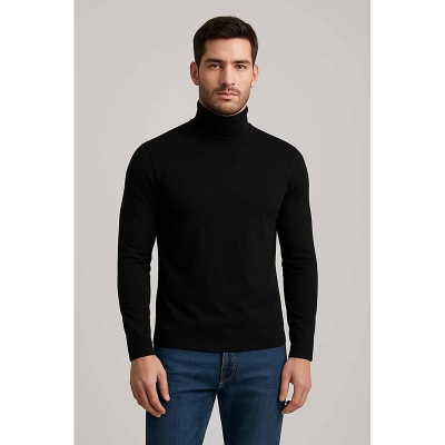 Picture of Premium Quality Solid Black Color High Neck Cotton Full Sleeve Sweater for Men-Black(Int: One size)