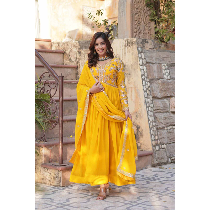 Picture of A TO Z MALL PREMIUM SOFT JORJET WHITE SEQUENCE EMBODERY SPECIAL PARTY  WEAR LONG GOWN