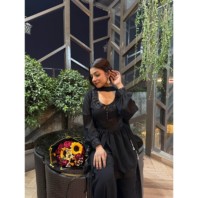 Picture of A To Z Mall New Model Readymade Made By Premium GeorgetteFevric With Sequence Work Gown Three Piece For Girls-Black