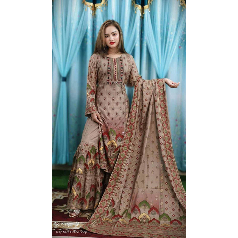 Picture of A TO Z MALL New Exclusive Linen Ready Made Skin Print Garara Dress Three Piece for Girls/Women