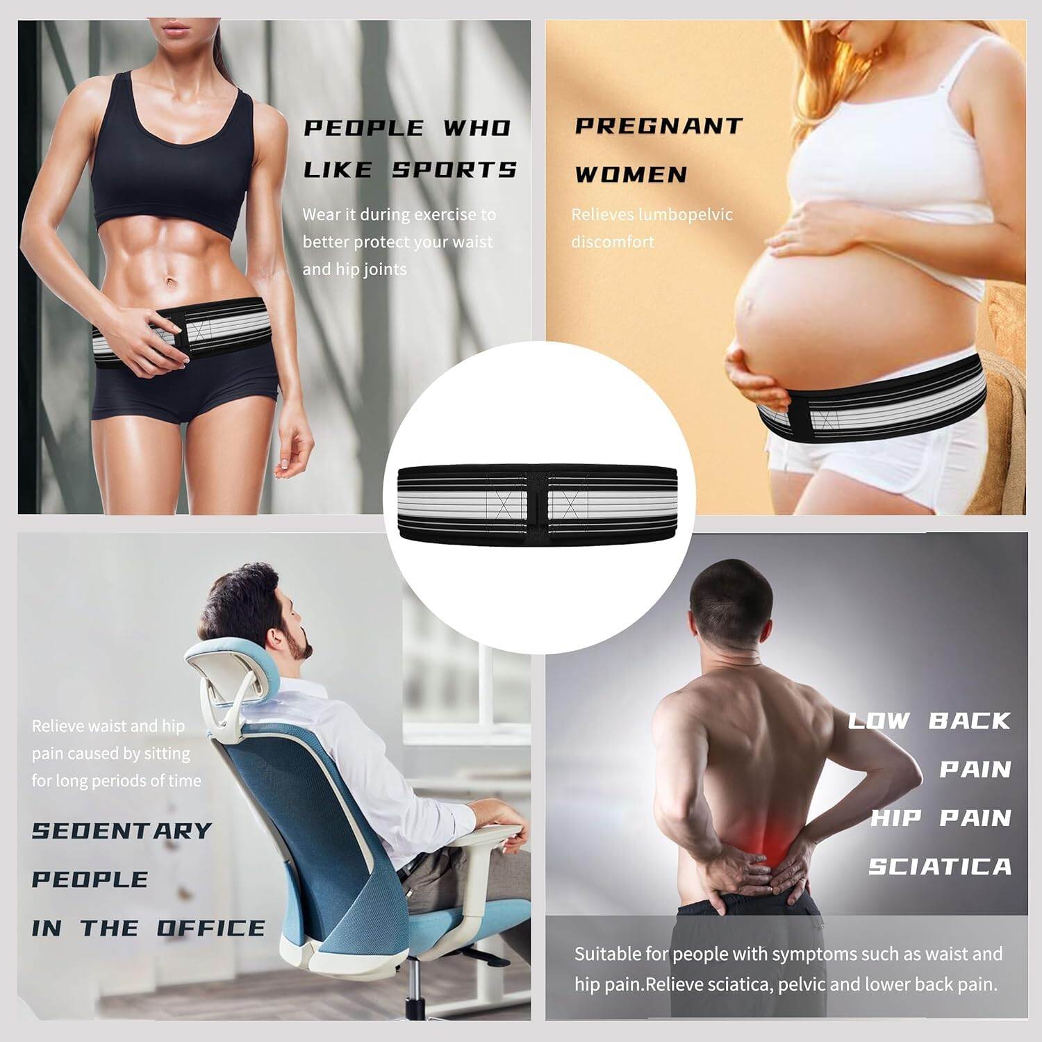 Picture of 109cm Universal Sacroiliac SI Joint Belt Minimalist Adjustable Non-Slip Pelvic Support Belts Comfortable Breathable Tailbone Protector Belt - Black - Int: One size