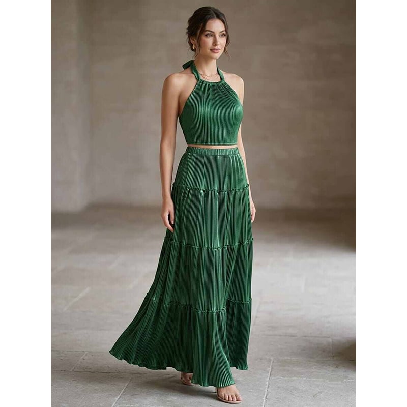 Picture of A To Z MAll Tiered Pleated Maxi Skirt Premium Pleated Satin Only Skirt(Int:40)