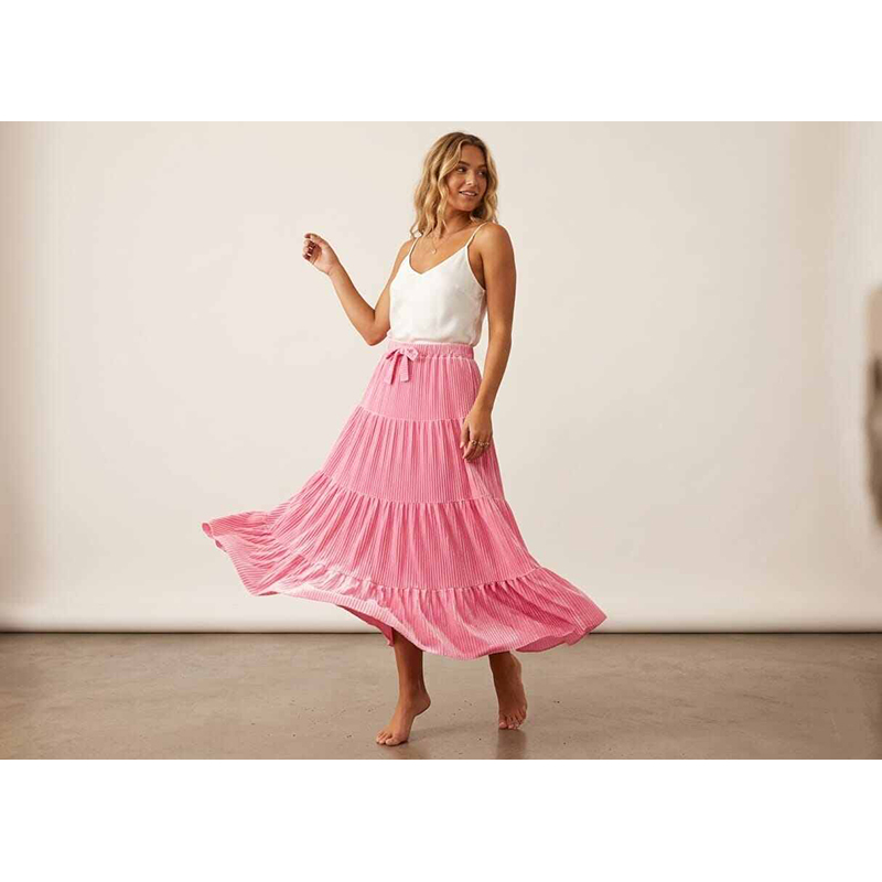 Picture of A To Z MAll Tiered Pleated Maxi Skirt Premium Pleated Satin Only Skirt(Int:40)