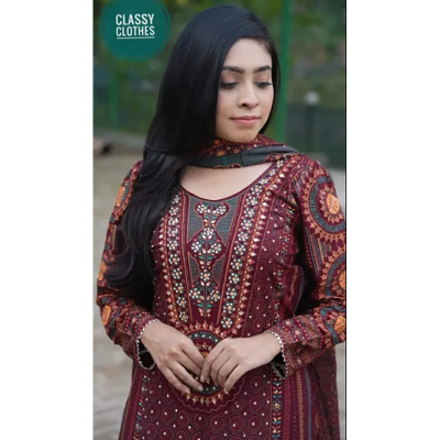Picture of Maroon Stylish And Comfortable Made By Lilen Fabric Ghararah Three Piece For Women-Maroon(42)