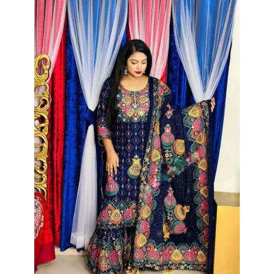 Picture of Blue Stylish And Comfortable Made By Lilen Fabric Ghararah Three Piece For Women-Blue(42)