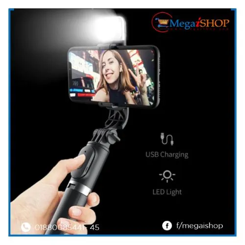 Picture of Q07 Selfie Stick Foldable Mini Tripod with Fill Light Bluetooth Remote Shutter Retractable Rod for Phone (100cm)-Black