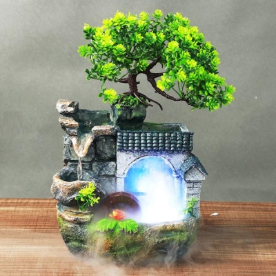 Picture of European style  Artificial Fountain - Mountain Fountain Between Rocky Mountains And Green Trees With LED Light  - Table Desk Decoration Trees - Table Desk Decoration Artificial Fountain - Green