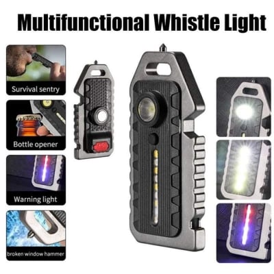 Picture of Portable 6 in 1 Lanyard Hole Survival Whistle Rechargeable Emergency  Camping LED Flashlight Key Chain