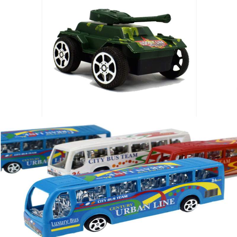Picture of Multicoloured Back force 1 bus & 2 Car, 1 Tank & 2 Car combo - four-wheel drive car, car model, minifigure,  Children Back Force Toy Car Bus tank