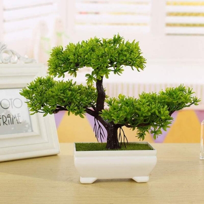 Picture of Artificial Bonsai Tree,Plastic Fake Plant Decoration Potted Artificial House Plants Guest-greeting Pine Bonsai Plant for Home Decoration Desktop Display  - Artificial Tree and Grass - Green
