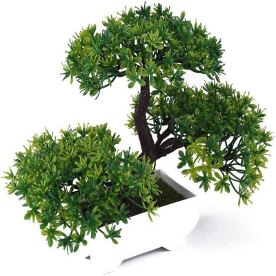 Picture of Artificial Bonsai Tree,Plastic Fake Plant Decoration Potted Artificial House Plants Guest-greeting Pine Bonsai Plant for Home Decoration Desktop Display  - Artificial Tree and Grass - Green