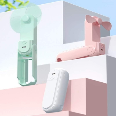 Picture of 4 in 1 Portable Handheld Fan - USB Rechargeable, Foldable, Battery Operated With Mirror, Flashlight, Cell Phone Stand - Mini Table Fan for Travel, Birthdays - White
