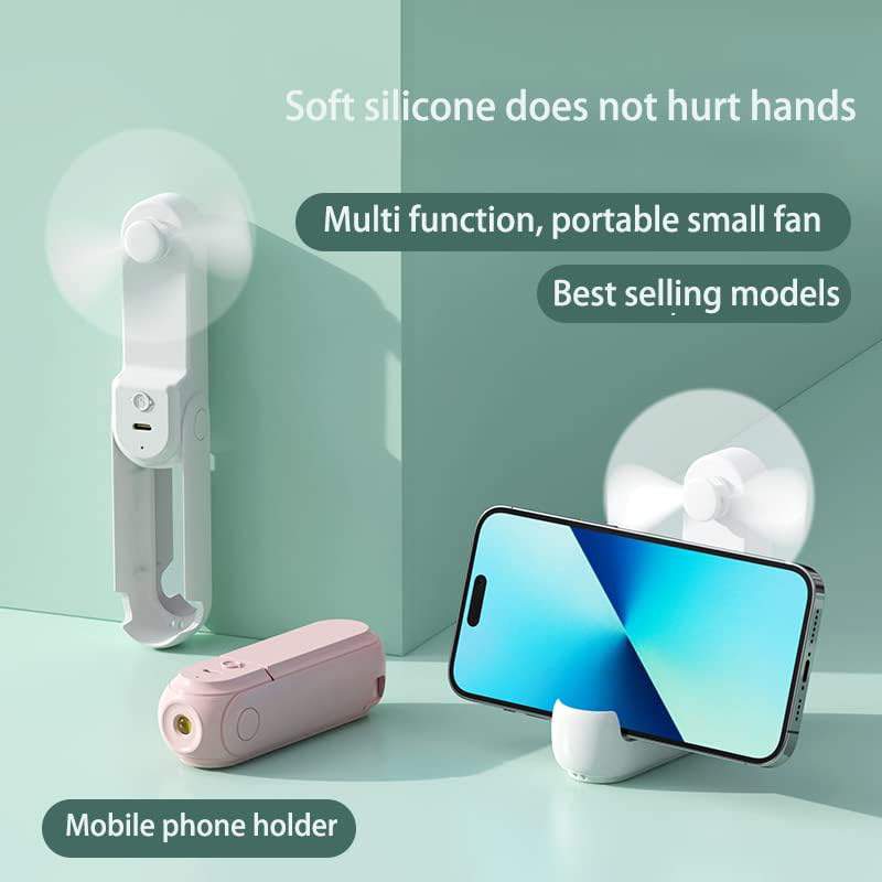 Picture of 4 in 1 Portable Handheld Fan - USB Rechargeable, Foldable, Battery Operated With Mirror, Flashlight, Cell Phone Stand - Mini Table Fan for Travel, Birthdays - White