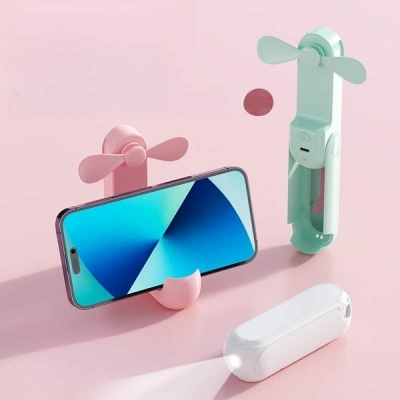 Picture of 4 in 1 Portable Handheld Fan - USB Rechargeable, Foldable, Battery Operated With Mirror, Flashlight, Cell Phone Stand - Mini Table Fan for Travel, Birthdays - White