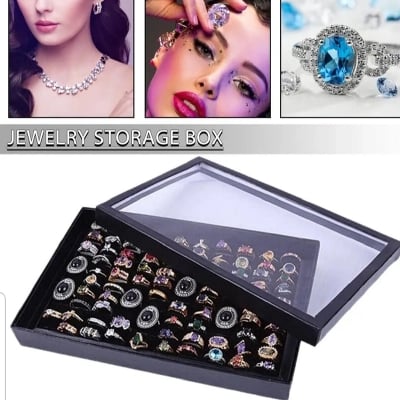 Picture of 100 Slot Black Velvet Jewelry Ring Case Display Store Storage Box Tray Organizer