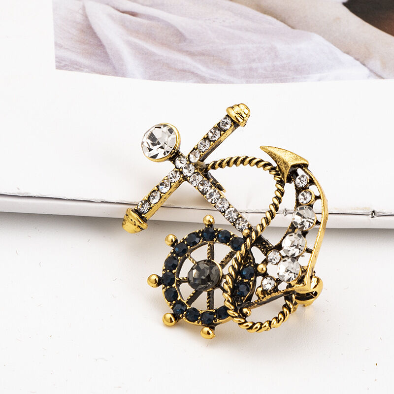 Picture of Naval Rudder Anchor Brooch Rhinestone Pin For Men & Women Fashion Accessories (Bronze gold)