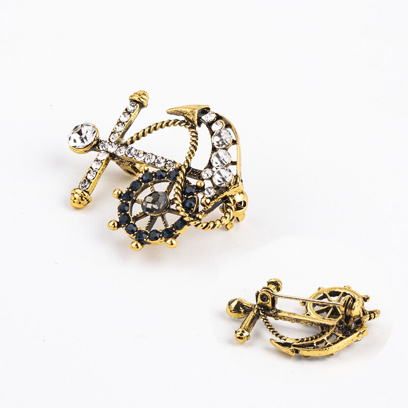 Picture of Naval Rudder Anchor Brooch Rhinestone Pin For Men & Women Fashion Accessories (Bronze gold)
