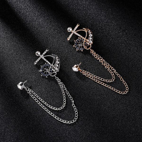 Picture of Naval Rudder Anchor Brooch Rhinestone Pin For Men & Women Fashion Accessories (Silver With Chain)