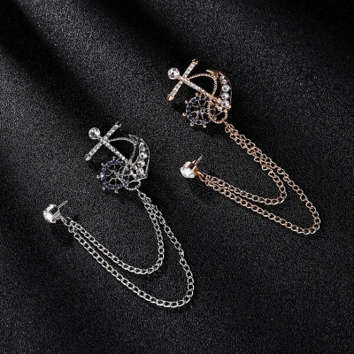 Picture of Naval Rudder Anchor Brooch Rhinestone Pin For Men & Women Fashion Accessories (Silver With Chain)