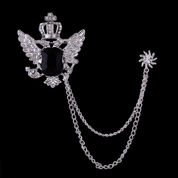 Picture of Wings Crown Stoned Chain Brooch Lapel Pin Fashion Suit/Outfit Accessories For Men & Women (Silver)