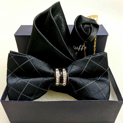 Picture of Crystal Geometric Pattern Bow Tie Set With Flower Lapel Pin & Pocket Square For Men (Black,Int: One size)