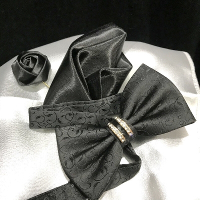 Picture of Crystal Thin Floral Bow Tie Set With Flower Lapel Pin & Pocket Square For Men (Black,Int: One size)