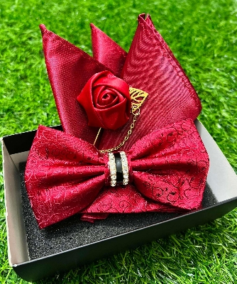 Picture of Crystal Thin Floral Bow Tie Set With Flower Lapel Pin & Pocket Square For Men (Maroon,Int: One size)