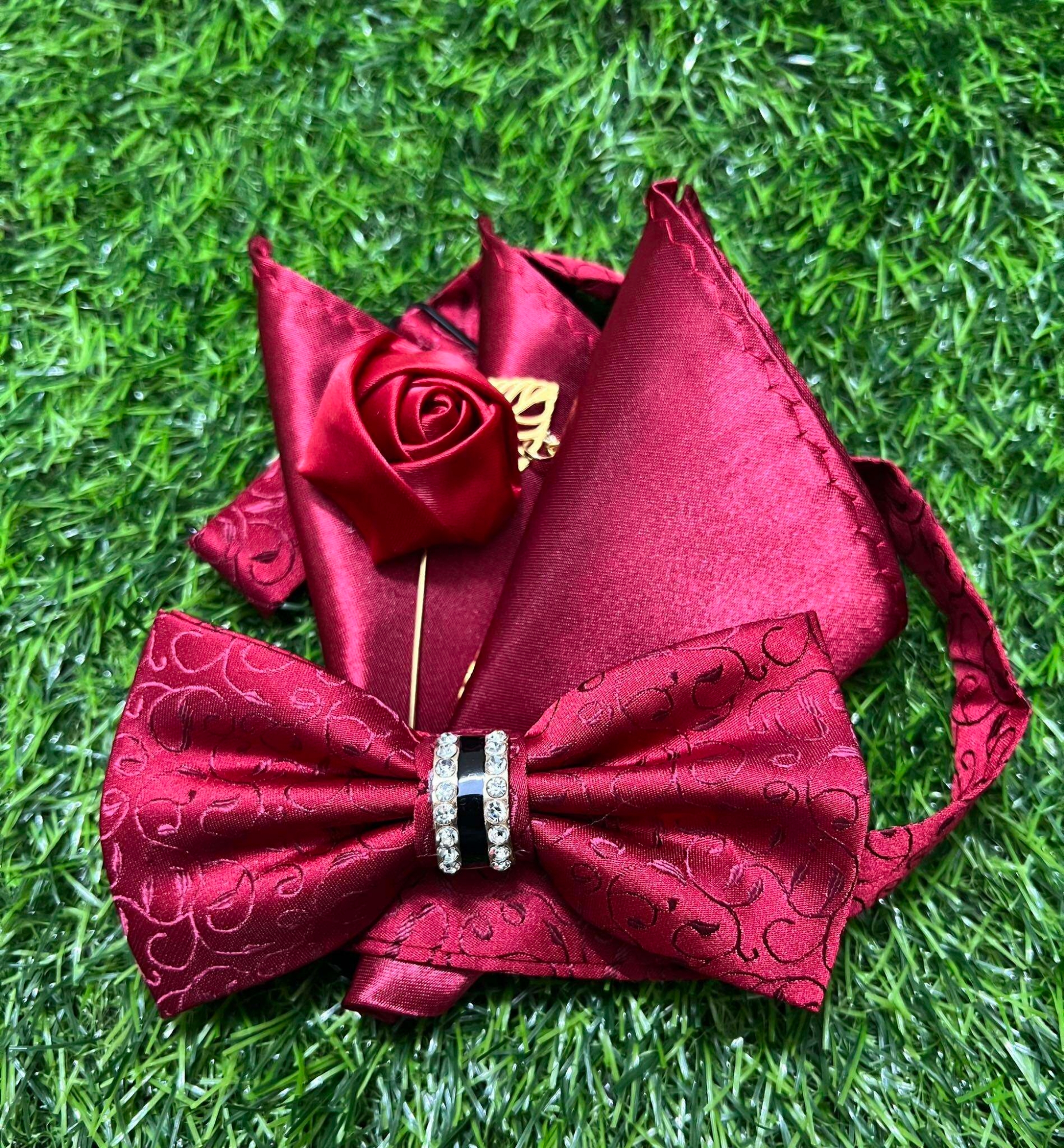Picture of Crystal Thin Floral Bow Tie Set With Flower Lapel Pin & Pocket Square For Men (Maroon,Int: One size)