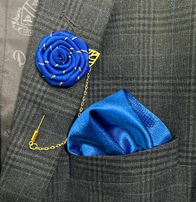 Picture of Flower Lapel Chain Pin With Pocket Square For Men (1 Flower+1 Pocket Square) (Blue,Int: One size)