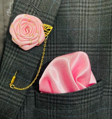 Picture of Flower Lapel Chain Pin With Pocket Square For Men (1 Flower+1 Pocket Square) (Pink,Int: One size)