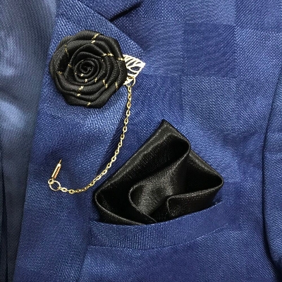 Picture of Flower Lapel Chain Pin With Pocket Square For Men (1 Flower+1 Pocket Square) (Black,Int: One size)