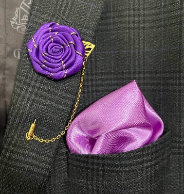 Picture of Flower Lapel Chain Pin With Pocket Square For Men (1 Flower+1 Pocket Square) (Purple,Int: One size)