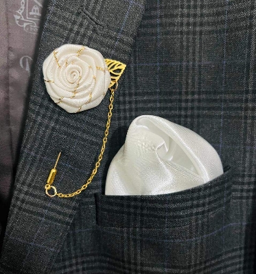 Picture of Flower Lapel Chain Pin With Pocket Square For Men (1 Flower+1 Pocket Square) (White,Int: One size)