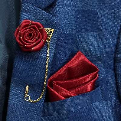 Picture of Flower Lapel Chain Pin With Pocket Square For Men (1 Flower+1 Pocket Square) (Maroon,Int: One size)