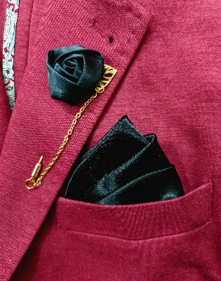 Picture of Ribbon Flower Lapel Chain pin with Matching Pocket Square (Black)