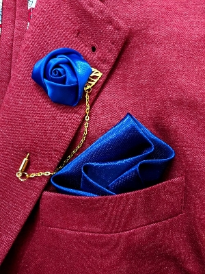 Picture of Ribbon Flower Lapel Chain pin with Matching Pocket Square (Deep Blue)