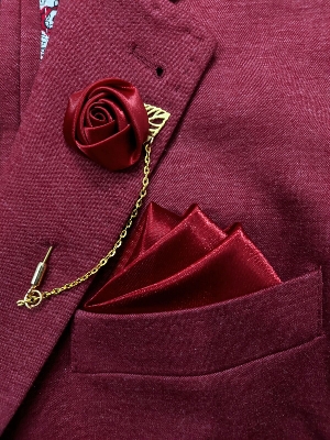 Picture of Ribbon Flower Lapel Chain pin with Matching Pocket Square (Maroon)