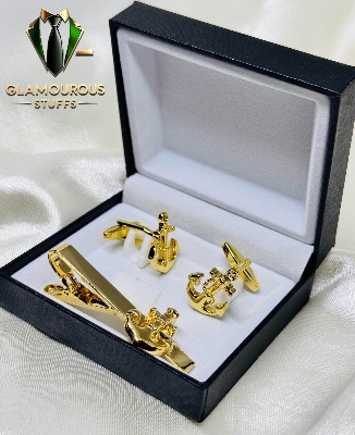 Picture of Cufflinks & Tie Clip Set For Men Fashion Shirt Accessories (Anchor Golden Set)