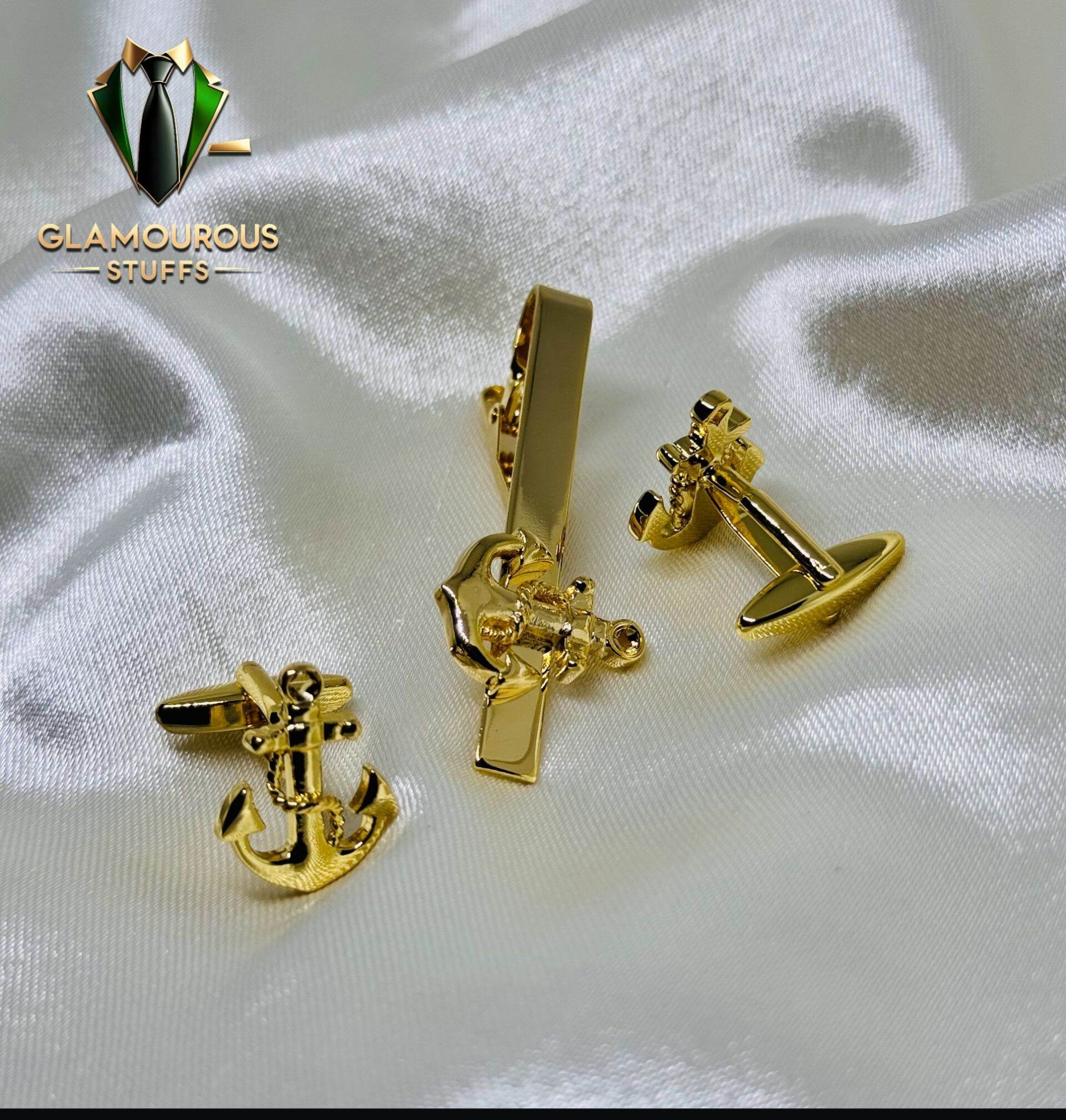 Picture of Cufflinks & Tie Clip Set For Men Fashion Shirt Accessories (Anchor Golden Set)