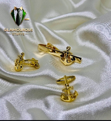 Picture of Cufflinks & Tie Clip Set For Men Fashion Shirt Accessories (Anchor Golden Set)